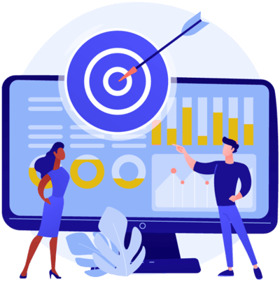 Two people viewing graphs on a dashboard